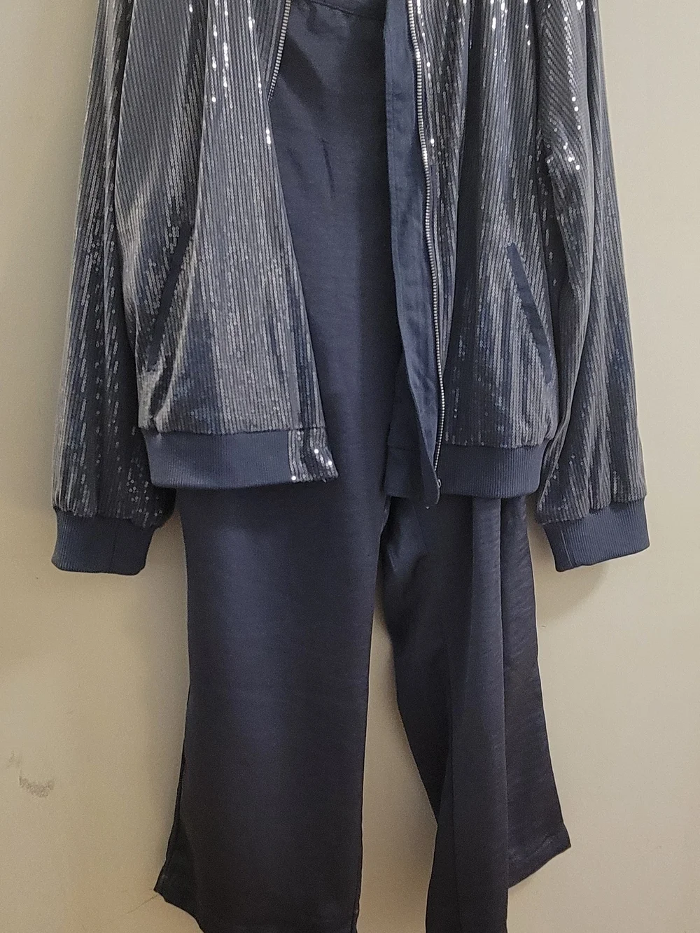 Nina Parker Plus Sequin Bomber Jacket And Matching Pants Set - Blue